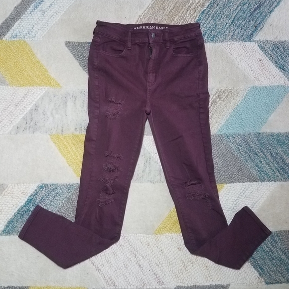 American Eagle Maroon Distressed Jeggings 4 - Picture 2 of 7